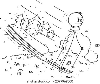 Man Skiing On Snow, While Winter Ended And Spring Begins, Man Skying On Grass. Vector Cartoon Stick Figure Or Character Illustration.