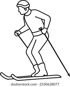 Man is skiing outline. Vector illustration in line art style. Continuous line drawing. Illustration shows a Alpine skier skiing downhill. Winter sport.