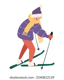 Man skiing, person doing winter sports in warm casual clothes. Isolated simple flat cartoon male skier character. Vector illustration.