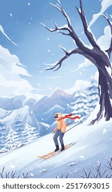 Man skiing in the snow wearing a thick down jacket