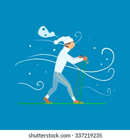 Man Skiing with Sticks. Vector Illustration in Flat Design