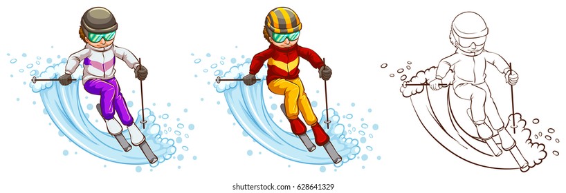 Man skiing in three different drawing styles illustration