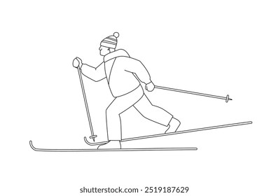 Man is skiing. Vector illustration in line style.