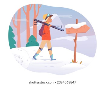 Mann Skifahren im Winter Berge Vektorgrafik. Cartoon männliche Skifahrer, die Skier halten, glücklicher Sportler mit Rucksack und Sportbrillen, die durch den Schnee in den Wäldern wandern, um Ski zu fahren