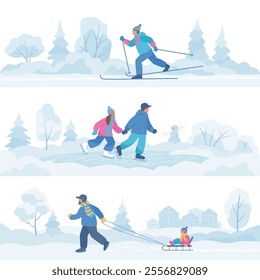 Man skiing in the winter park. Boy with girl skating on the rink holding hands. Father carrying child on the sled. Vector color illustration in flat style.	