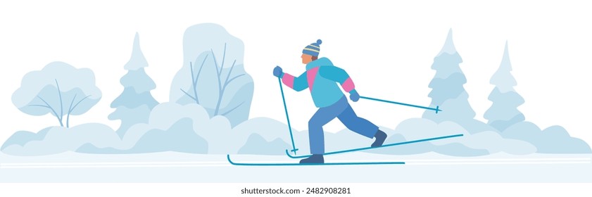 Man skiing in the winter park. Vector color illustration in flat style.