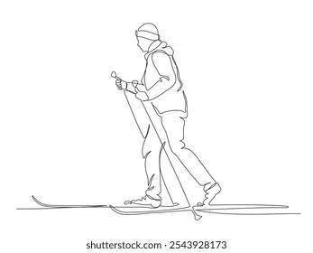 Man skiing in winter season. Side view. Continuous line drawing. Black and white vector illustration in line art style.