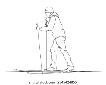 Man skiing.Side view. Leisure activity in winter season. Continuous line drawing. Black and white vector illustration in line art style.