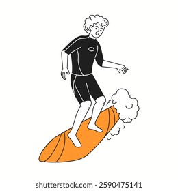 A man skillfully balancing on a surfboard while riding a powerful ocean wave, depicted in a playful and dynamic doodle-style illustration.