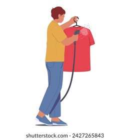 Man Skillfully Glides Steamer Iron Over Wrinkled Clothes, Emitting Gentle Steam, Efficiently Smoothing Out Creases, Ensuring Garments Look Crisp And Well-maintained. Cartoon People Vector Illustration