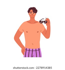 Man with skin sunburns. Funny summer burns on body after sunbath, sun overexposure. Person in sunglasses with reddish UV burnt spots. Flat graphic vector illustration isolated on white background