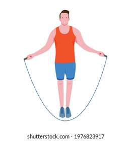 A man skipping with a jump rope. A man wearing a sleeveless t-shirt and tight shorts. Flat illustration for a healthy lifestyle.