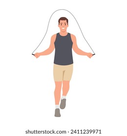 A man skipping with a jump rope. A man wearing a sleeveless t-shirt and tight shorts. Flat vector illustration isolated on white background