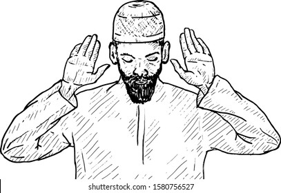 A man with skull cap performing Friday prayer. Hand drawn vector illustration. 