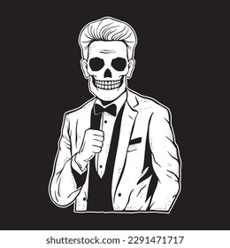 A man and skull mask his face is wearing suit   tie art illustration premium vector