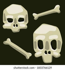 Man skull. Set of bones. The dead man and the Halloween element. Stylized scary head. Flat cartoon illustration