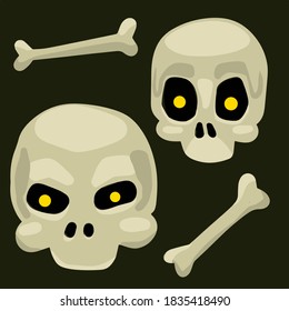 Man skull. Set of bones. The dead man and the Halloween element. Flat cartoon illustration. Stylized scary head