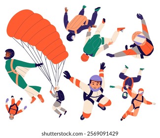 Man Skydiver in Flight Free Falling with Parachute Vector Set