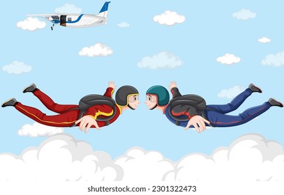 Hombre paracaidista caída libre en ilustración de fondo en el cielo