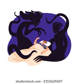 Man sleep and afraid scary shadow concept. Person sees in dream mystery women silhouette, fantastic nightmare. Sleeper suffer, surreal night fear. Flat isolated vector illustration on white background