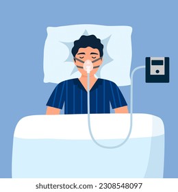 Man with sleep apnea syndrome wearing cpap machine in flat design.