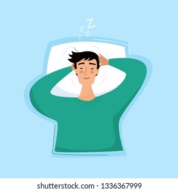 Man sleep in bed. Flat cartoon style.
