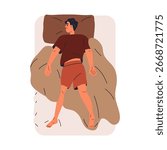Man sleep in bed, lying down on belly. Happy male dreaming, reposing on pillow, mattress, top view. Comfortable rest, person asleep alone. Flat vector illustration isolated on white background