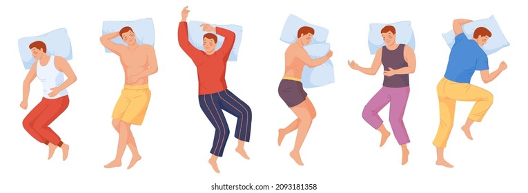 Man sleep in bed. Male sleeping poses, vector illustration. Male relaxation and lying, in pose, person bedtime, body different poses