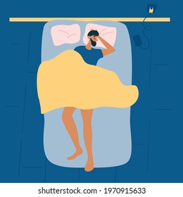 Man sleep in bed at night. Top view.  Sleeping man. Healthy lifestyle concept of relax calm tired boy on pillow in bedtime.