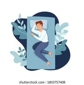 Man sleep in bed at night vector illustration. Guy in pajama having a sweet dream in bedroom. Healthy lifestyle concept of relax calm tired boy on pillow in bedtime graphic cartoon colorful design