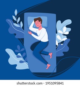 Man Sleep In Bed At Night Vector Illustration. Guy In Pajama Having A Sweet Dream In Bedroom. Healthy Lifestyle Concept Of Relax Calm Tired Boy On Pillow In Bedtime Graphic Cartoon Colorful Design