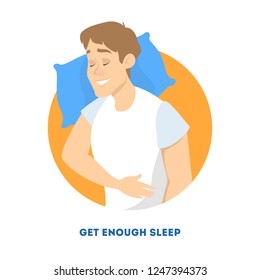 Man sleep in the bed on the pillow at night. Adult dreaming. Sleeping in comfort. Isolated vector illustration