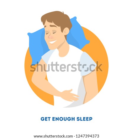 Man sleep in the bed on the pillow at night. Adult dreaming. Sleeping in comfort. Isolated vector illustration