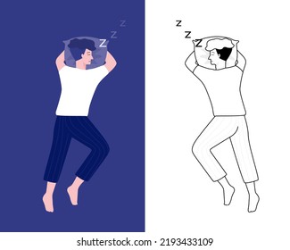 Man sleep with cat. Peaceful dream and relax. Flat vector and out line illustration.