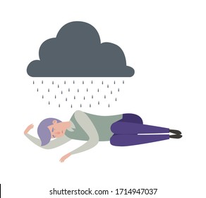 Man sleep. Depression, sad alone male under rainy cloud. Isolated flat depressed worker, tired manager or businessman vector illustration