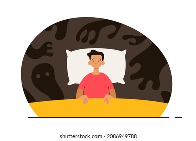 Man with sleep disorder seeing shadows in the dark. Person with insomnia. Phobia, psychological problem, anxiety and mental health concept. Modern flat vector illustration