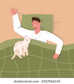 Man sleep with his cat concept. Young guy rest and relax with kitten. Happy character at comfortable bed. Owner with his pet and cute fluffy domestic animal. Cartoon flat vector illustration