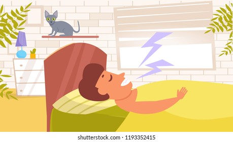 Man sleep. Morning Vector. Cartoon. Isolated art. Flat