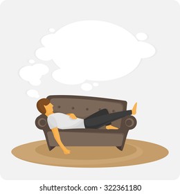 Man sleep on sofa. The person dreams lying on a sofa. Idler. Vector illyustation.