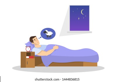 Man Sleep. Person Rest In The Bed On The Pillow Late At Night. Peaceful Dream And Relax. Counting Sheep. Vector Illustration In Cartoon Style