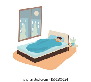 Man sleep. Person rest in the bed on the pillow late at night. Peaceful dream and relax. Vector illustration in cartoon style