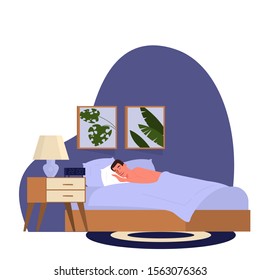 Man sleep. Person rest in the bed on the pillow late at night. Peaceful dream and relax. Vector illustration in cartoon style