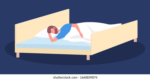 Man sleep. Person rest in the bed on the pillow late at night. Peaceful dream and relax. Vector illustration in cartoon style