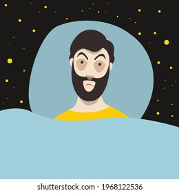 Man with sleep problems and insomnia symptoms. Flat  illustration.