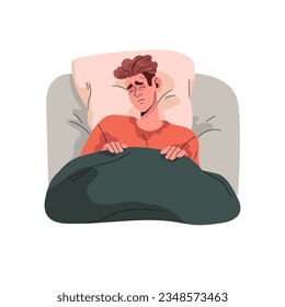 Man sleep and see nightmare, sweat in bed, top view. Asleep people watch anxiety dream at night, sad sleeper has disorder, problems with rest and relax. Flat isolated illustration on white background