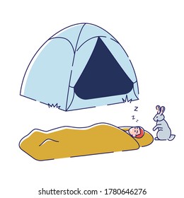 Man sleep in sleeping bag outdoors camping tent. Camper recreation and hiking travel concept. Young backpacker guy relaxing at night while hiking journey. Linear vector illustration