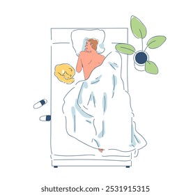 Hombre dormir vista superior. Persona que descansa en el dormitorio con el gato. Descansa y relájate, soñando. Comodidad y comodidad en interiores. Corregir la rutina diaria. Ilustración vectorial lineal aislada sobre fondo blanco