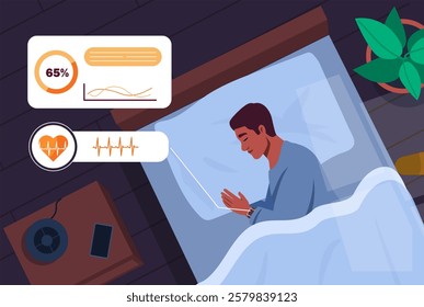 Man sleep with tracker. Top view of young guy with smart watch on his hands. Heart rate indicator, heartbeat. Healthy lifestyle and proper daily routine. Flat vector illustration