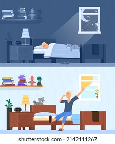 Man sleep and wake up. Awake early morning, guy sitting and stretching in bed. Happy day start, healthy rest at night decent vector illustration