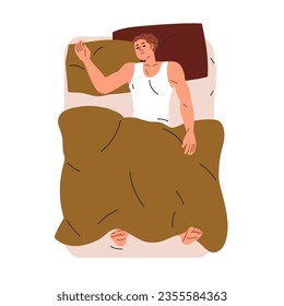 Man sleeping alone. Person asleep, resting, relaxing in bed at night, top view. Happy guy lying under blanket duvet, dreaming on soft pillows. Flat vector illustration isolated on white background